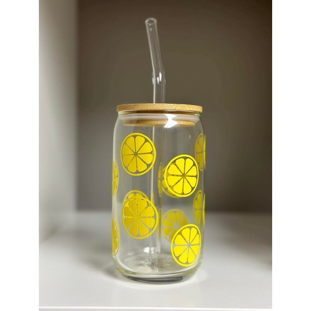 Lemons Glass Can with Bamboo Lid and Glass Straw 16oz